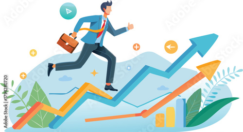 Dynamic illustration of a businessman in motion ascending an upward trending arrow path symbolizing progress success and career growth in a business context