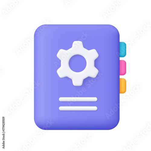 Purple book with white gear on cover. Settings or configuration manual, rules guideline or user manual book. Settings, instruction and support concept. 3d vector icon. Cartoon minimal style.