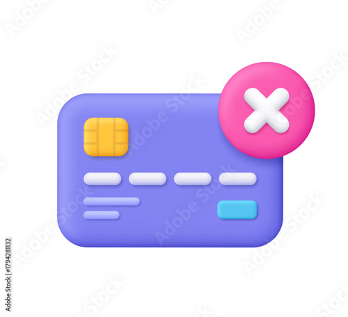 Purple credit card with white cancel or delete symbol on pink circle button. Finance, banking, declined payment, transaction error and card removal concept. 3d vector icon. Cartoon minimal style.