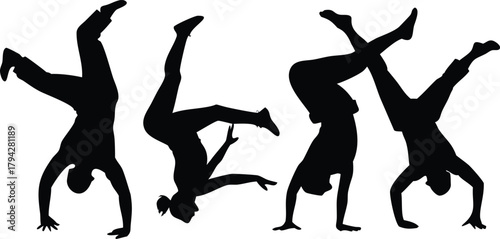 Silhouetted figures performing handstands and acrobatic poses against a white backdrop on transparent background