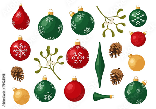 Festive Christmas Ornaments, Mistletoe, and Pine Cones in Holiday Arrangement