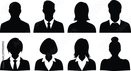 Diverse team of professionals represented by anonymous black silhouette portraits on transparent background