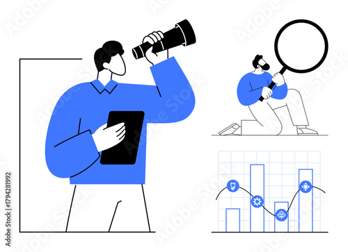 Person with telescope and tablet, teammate with magnifying glass, line graph with icons. Ideal for strategy, success, research, analytics, vision teamwork planning. Bold and simple flat metaphor