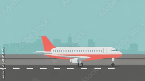Illustration of a red and white airplane on a runway with a city skyline in the background.
