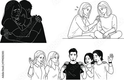 Emotional support illustration set, group hug scene, comforting gesture, friends consoling one another, supportive group interaction, caring connection, mental health
