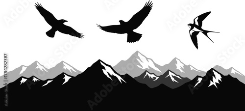 Flying birds silhouette, mountain landscape art, black and white nature scene, raptor and swallow flight, wilderness freedom, peaceful sky view