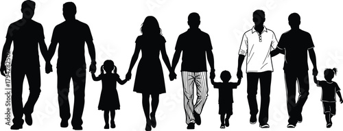 Inclusive family silhouettes walking hand in hand, diverse parenting, unity, love, fatherhood, childhood, LGBT family concept, vector illustration, icon