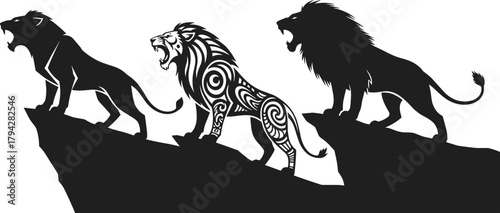 Lion silhouette on rock, tribal lion design, majestic animal pose, roaring strength vector, symbolic wildlife art, leadership power illustration