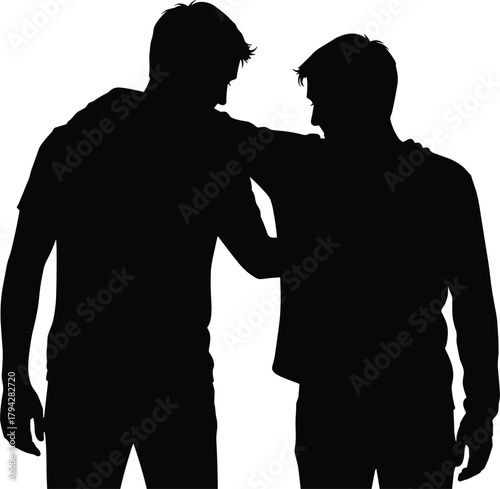 Supportive friends silhouette, emotional connection art, black and white illustration, empathy gesture pose, comforting moment, human bond, caring interaction