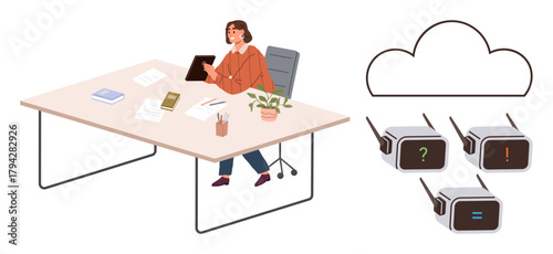 Woman at desk using tablet, connected cloud concept with devices showing alerts. Ideal for cloud technology, task management, remote work, IoT, productivity, digital tools, simple flat metaphor