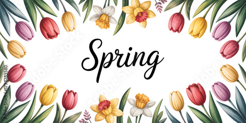 Spring watercolor frame with tulips, daffodils, and fresh green leaves