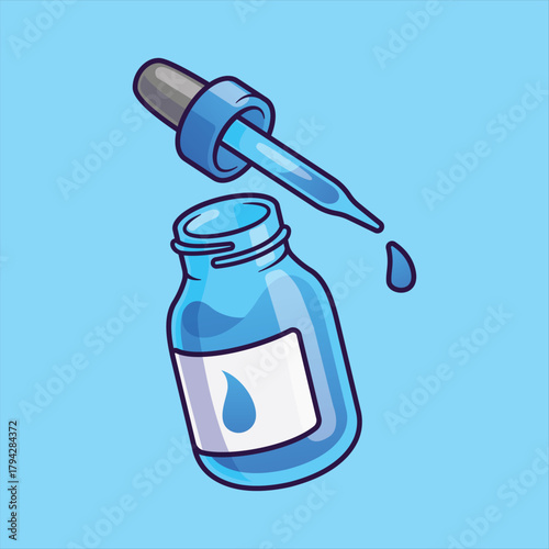 Blue Dropper and Bottle: An illustrated medical dropper above a bottle of medicine. Showcasing precision and health care.