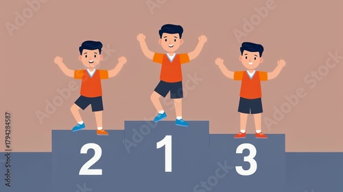 Three cartoon boys stand on a podium marked 1, 2, and 3, celebrating a victory with raised arms.