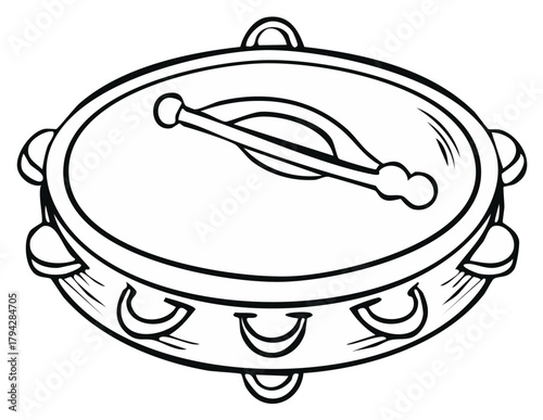 Tambourine with beater stick musical percussion instrument black and white line art illustration