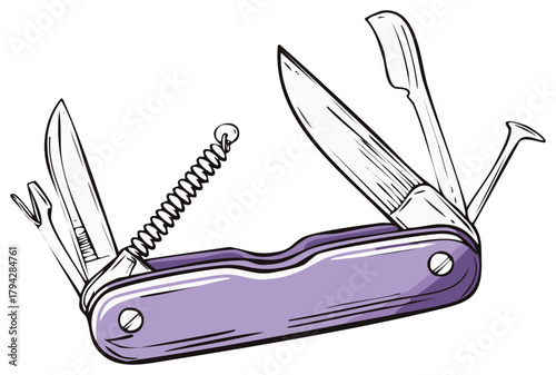 Illustration of a Multi-Tool Pocket Knife with Blade Fork and Various Implements