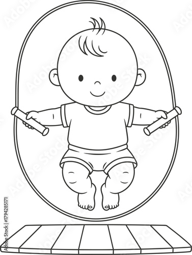 Cute Baby Skipping Rope - Black and White Coloring Page