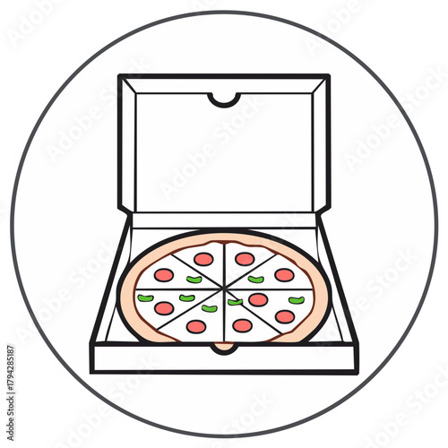 Illustrated pizza inside an open box in a circle with tomato and pepper toppings