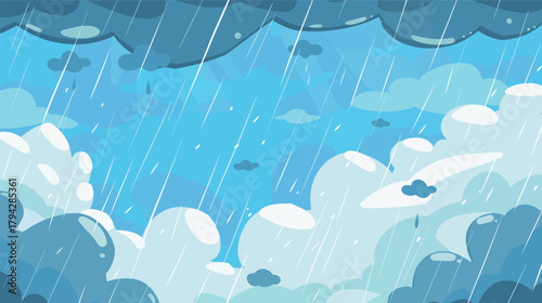 Blue cloudy sky with falling rain – vector weather illustration