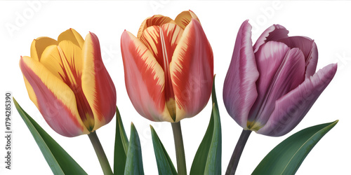 Transparent PNG of tulip trio in yellow, pink, and purple with natural shading