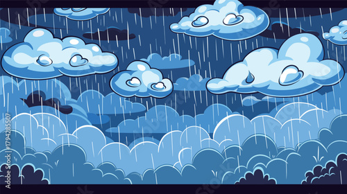 Blue cloudy sky with falling rain – vector weather illustration