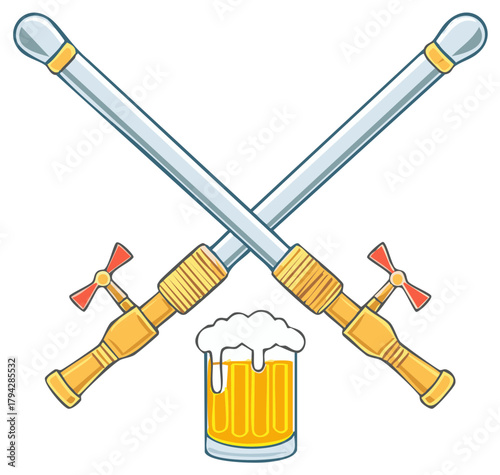 Crossed Beer Taps with Full Mug, Golden Alcohol, Draft Faucets, Brew Pub or Bar Symbol, Drinking Logo