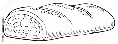 Outline drawing of a sweet pastry roll with delicious filling baked dessert