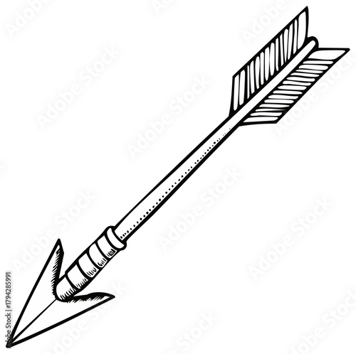 Black and white illustration of an arrow with fletching and a sharp point