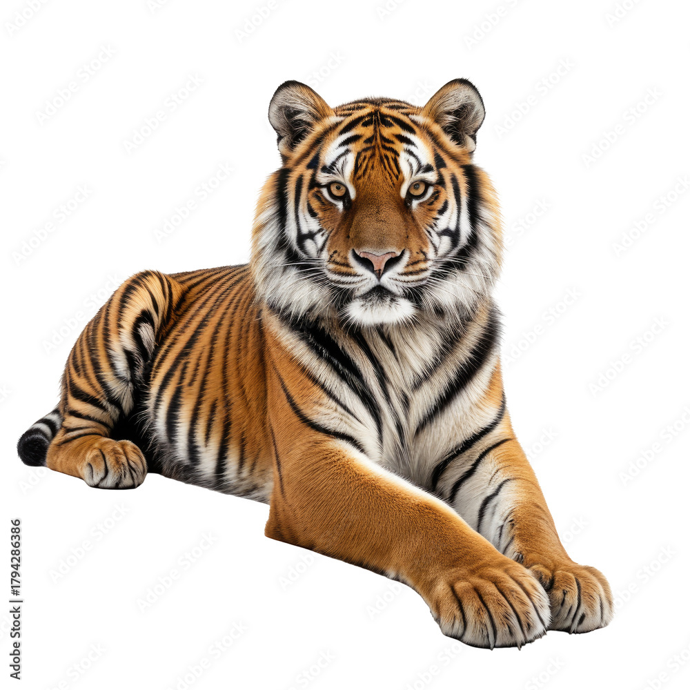 Obraz premium Relaxed tiger with orange fur and black stripes lying down