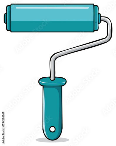 Illustration of a blue paint roller with a handle and rolling applicator for applying paint to walls and surfaces.