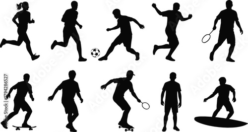 Silhouettes of active people in various sports, fitness, dance, and recreation activities, dynamic movement poses, flat vector illustrationSilhouettes of active people in various sports, fitness, 