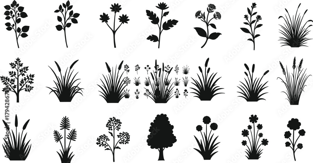 Fototapeta premium Botanical plant silhouette set, diverse foliage vector icons, flower, grass, shrub and tree shapes pack, flat vector illustration