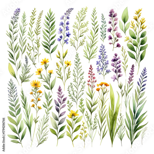 Wildflower assortment with green stalks, blooms, and varied colors