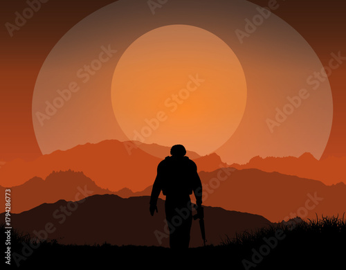 Soldier's Silhouette Against the Sunset: A lone soldier, silhouetted against a breathtaking sunset, traverses a rugged terrain, embodying resilience and solitary contemplation.