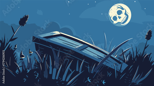 Scary coffin with cross vector flat design