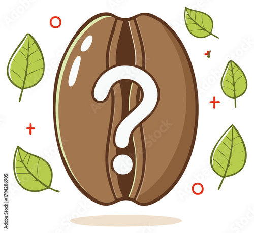 Coffee bean with question mark and leaves symbolising a choice or unknown