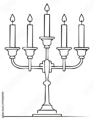 Outline of candelabra with five candles lit, hand drawn black and white sketch
