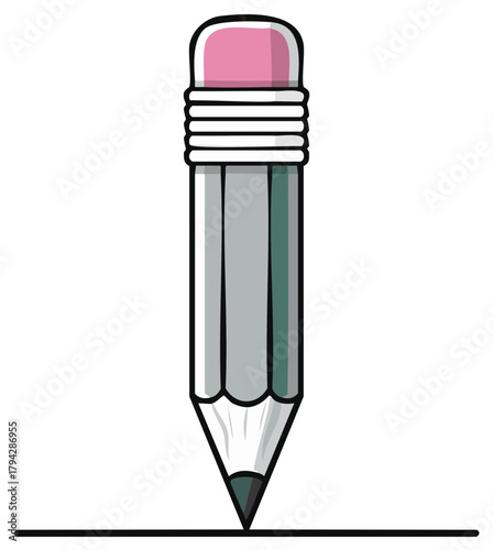 Illustration of a gray pencil with eraser drawing a straight line