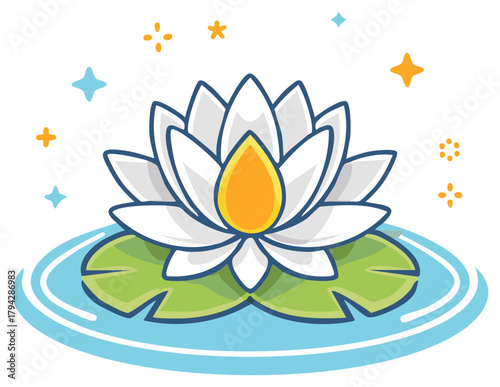 Lovely White Water Lily Flower Floating on Water with Cute Sparkling Stars