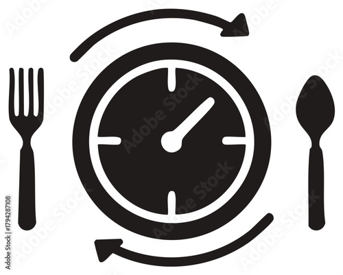 Clock showing time for meal with fork and spoon around it, diet symbol