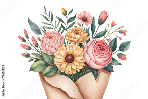 Watercolor bouquet wrapped in vintage paper, pastel floral mix