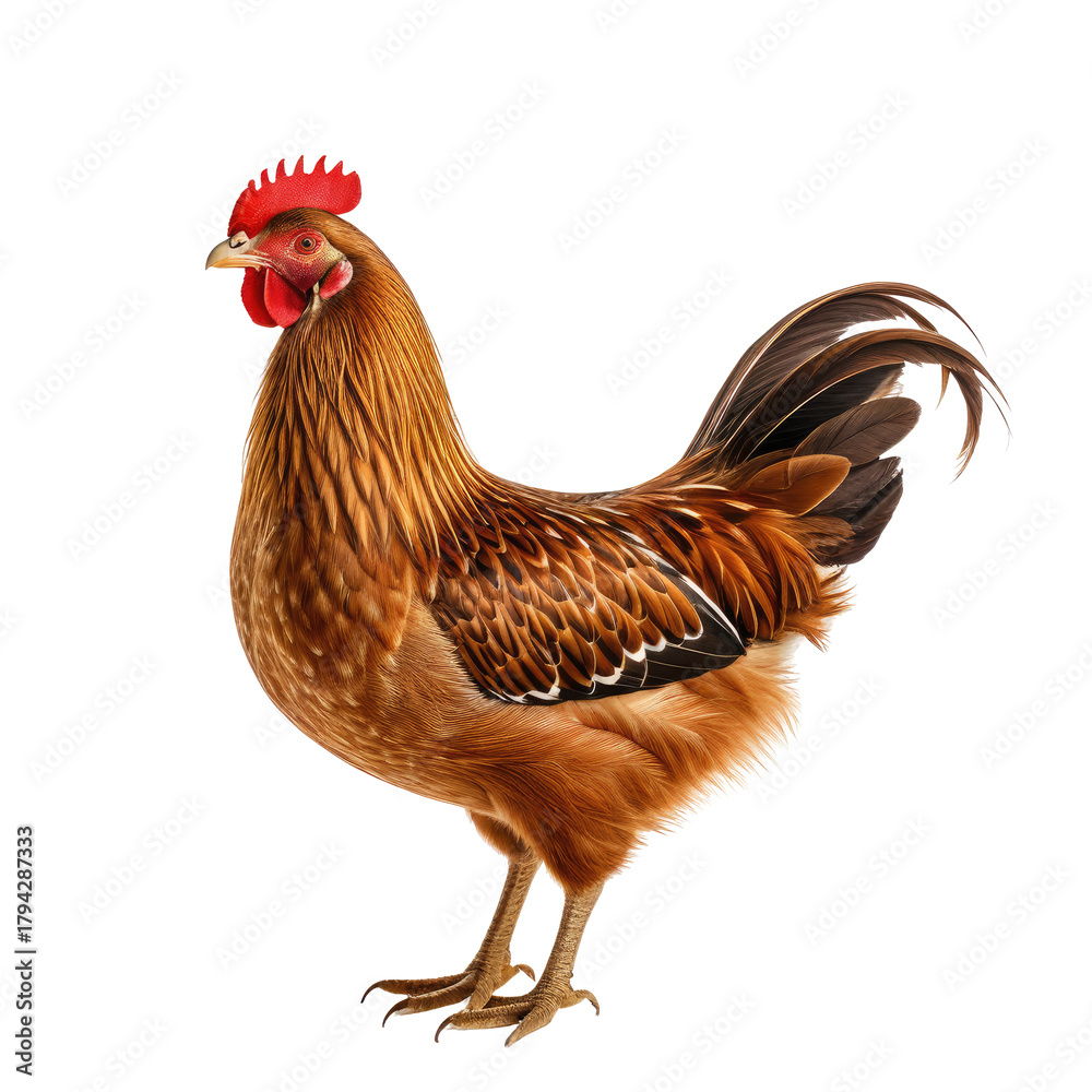 Fototapeta premium Brown rooster. Detailed plumage, red comb, and elegant tail feathers
