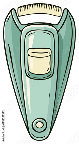 Illustrated lint remover showing pale green and cream colored features for use in textile care and clothing