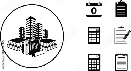 Urban planning concept, cityscape with books, office icons set, research and education theme, black vector graphics, flat vector illustration