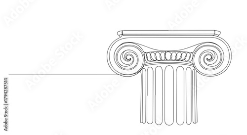 One continuous line drawing depicting a classic Ionic column capital, an elegant architectural element in a minimalist style for design projects