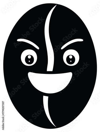 Mischievous cartoon coffee bean character with an evil grin