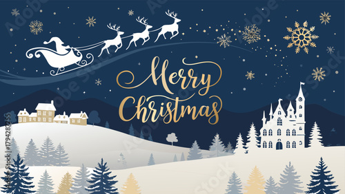 Gold Christmas Silhouette Scene on Navy Background
