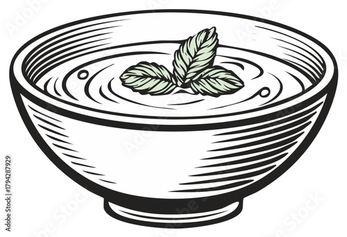 Drawn bowl of soup topped with three mint leaves, traditional line art, meal illustration