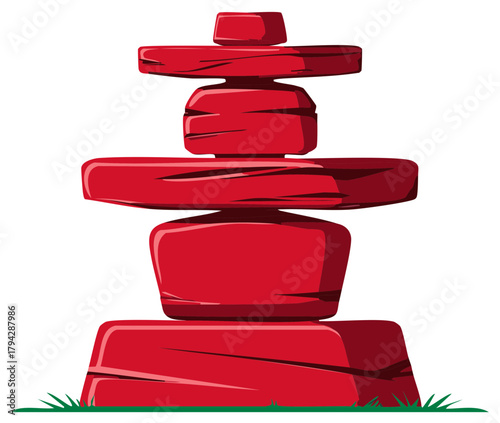 Vibrant Red Inukshuk Stone Sculpture Represents Arctic Culture and Navigation