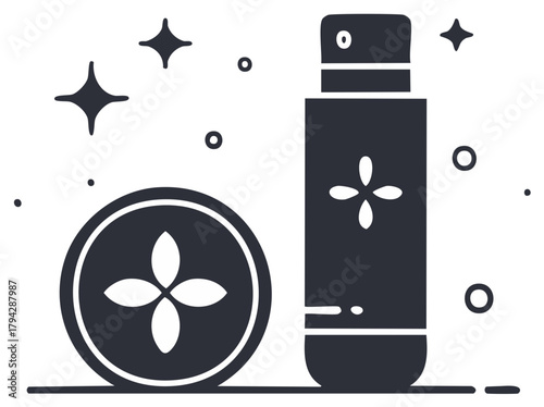 Minimalist icon of a spray bottle and compact with sparkles representing clean beauty and fresh hygiene products