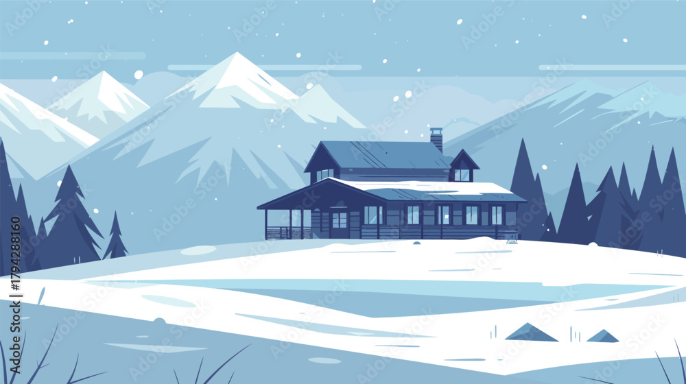 Fototapeta premium Flat style ski lodge illustration with snowy mountain scenery
